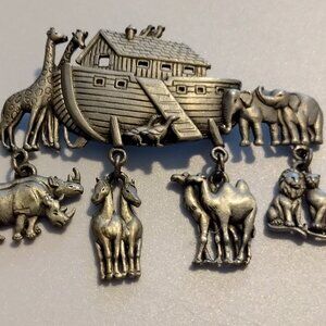Vintage Noah's Ark Brooch With Dangling Animal Charms, Signed, JJ